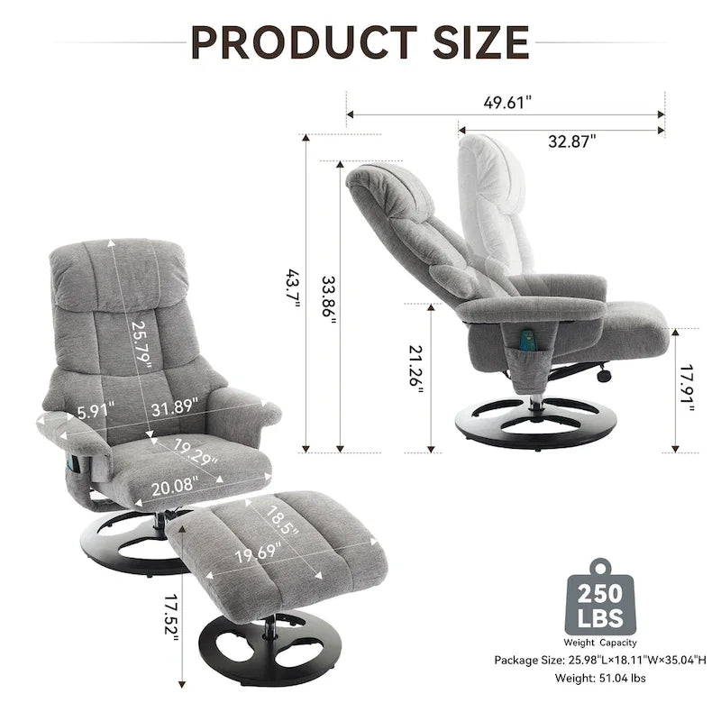 Fauteuil inclinable pivotant gris avec massage, chauffage et dossier réglable