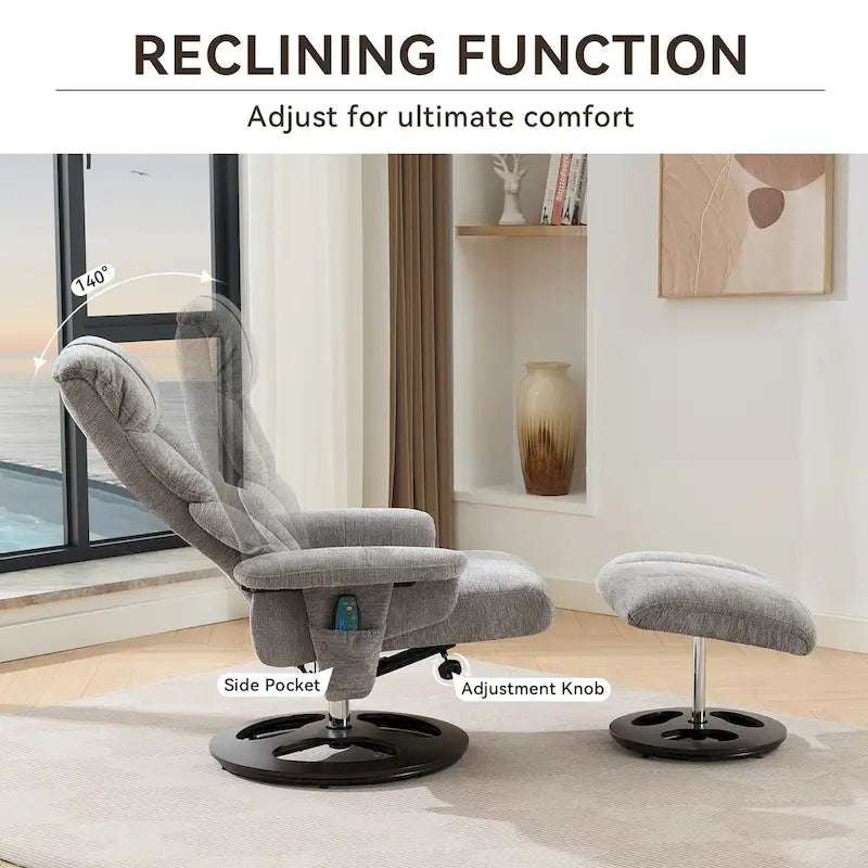 Fauteuil inclinable pivotant gris avec massage, chauffage et dossier réglable