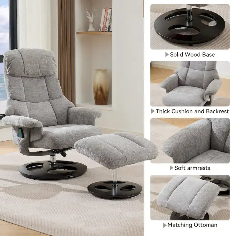 Fauteuil inclinable pivotant gris avec massage, chauffage et dossier réglable