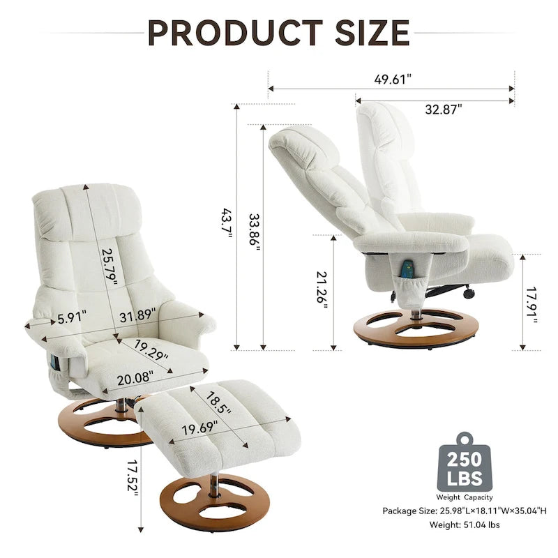 Fauteuil inclinable pivotant gris avec massage, chauffage et dossier réglable