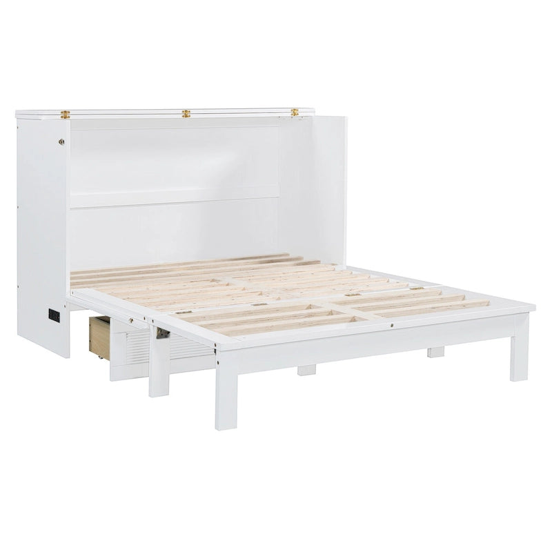Lit Armoire escamotable Murphy avec tiroir de rangement, prises et ports USB, Blanc et Or