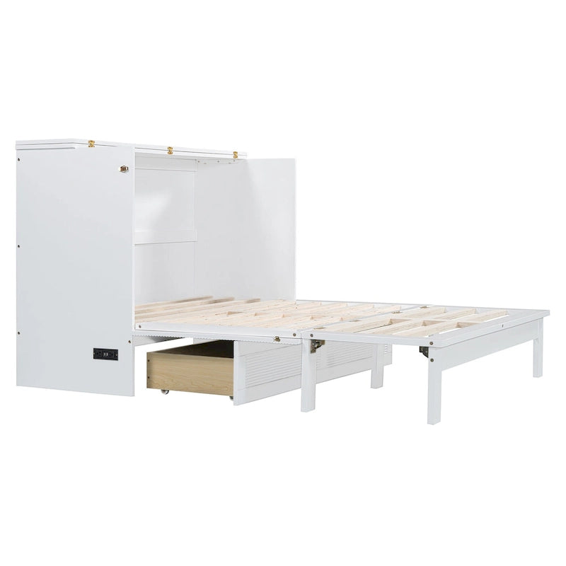 Lit Armoire escamotable Murphy avec tiroir de rangement, prises et ports USB, Blanc et Or