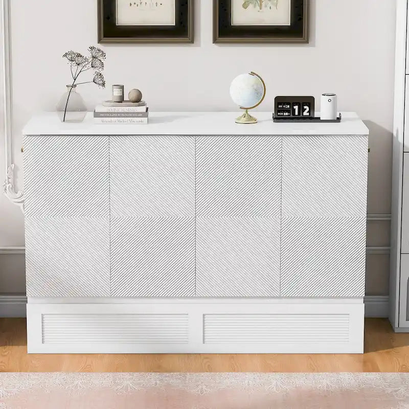 Lit Armoire escamotable Murphy avec tiroir de rangement, prises et ports USB, Blanc et Or