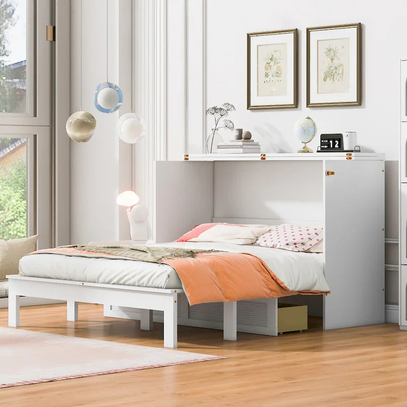 Lit Armoire escamotable Murphy avec tiroir de rangement, prises et ports USB, Blanc et Or