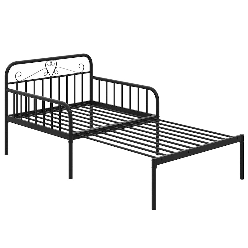 Lit de repos extensible en métal avec rampes sculptées et espace de rangement, blanc/noir