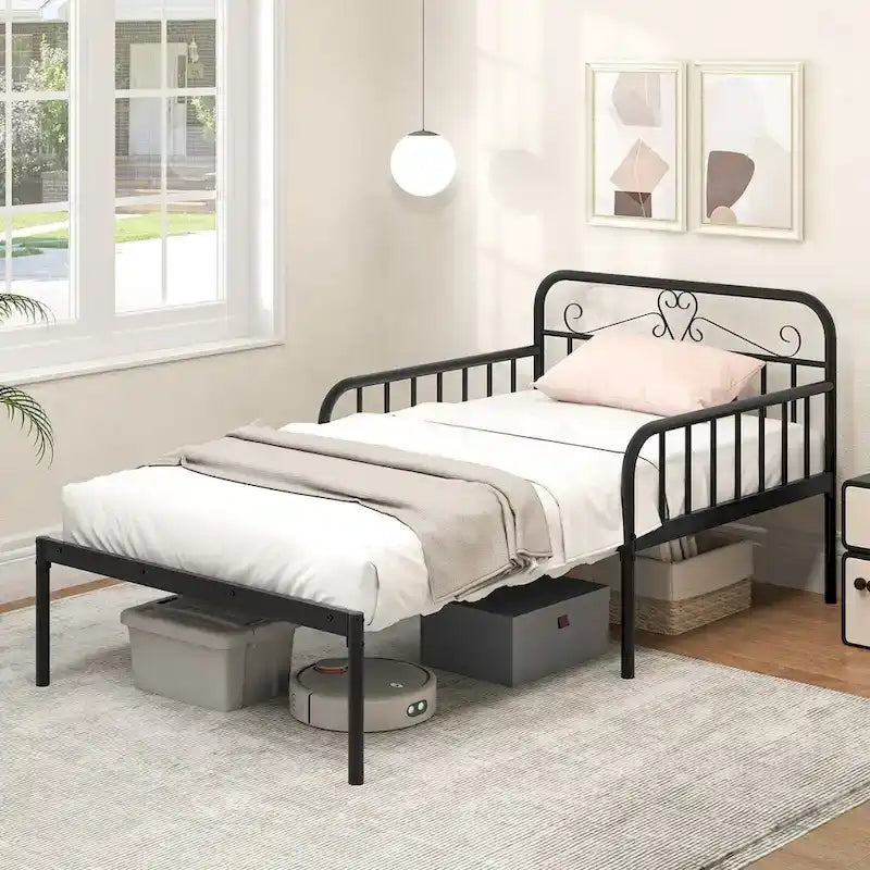Lit de repos extensible en métal avec rampes sculptées et espace de rangement, blanc/noir