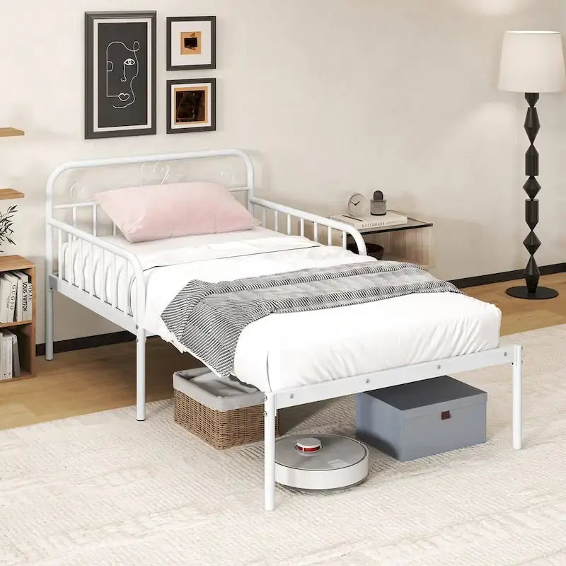Lit de repos extensible en métal avec rampes sculptées et espace de rangement, blanc/noir