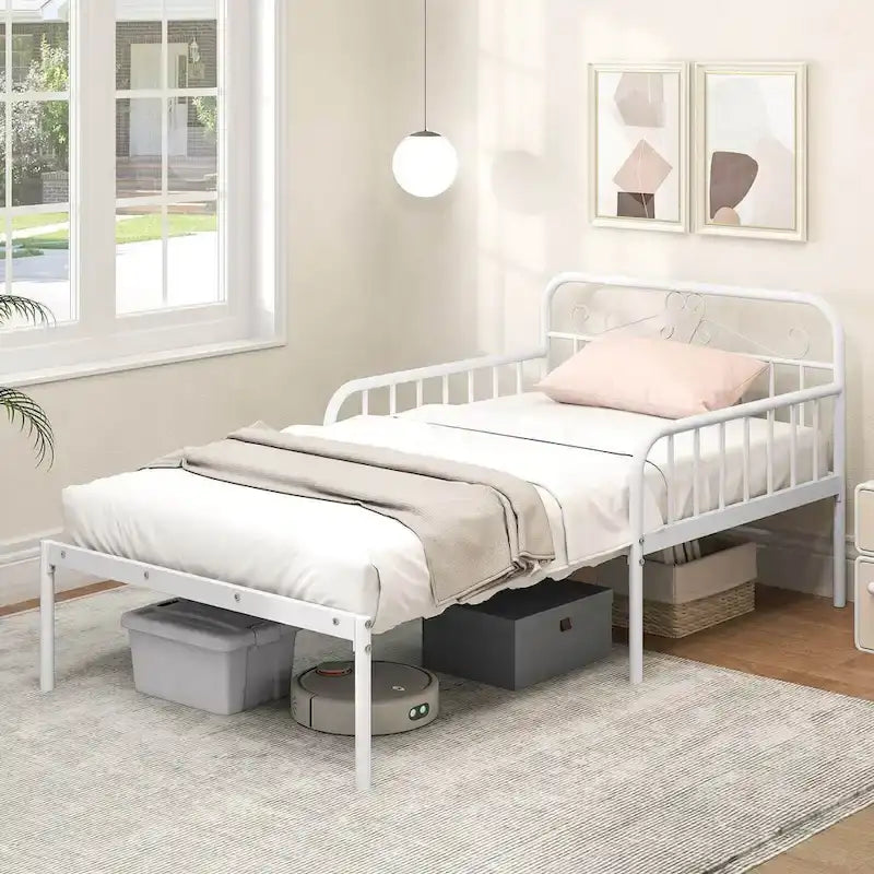 Lit de repos extensible en métal avec rampes sculptées et espace de rangement, blanc/noir