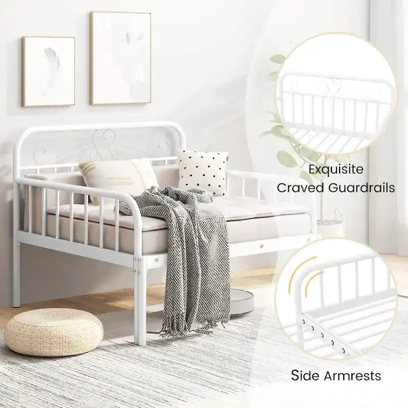 Lit de repos extensible en métal avec rampes sculptées et espace de rangement, blanc/noir
