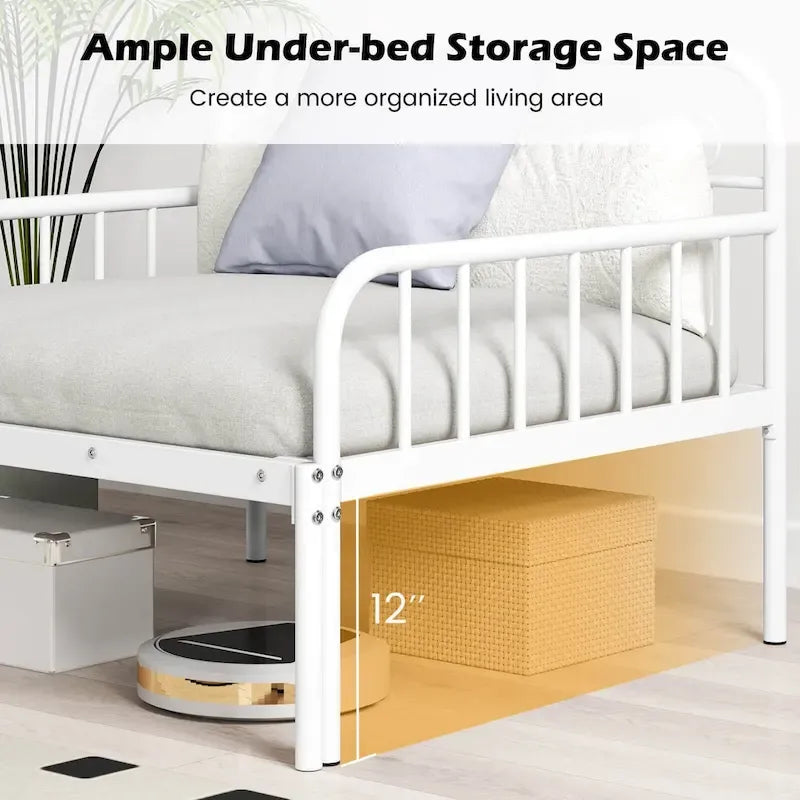 Lit de repos extensible en métal avec rampes sculptées et espace de rangement, blanc/noir