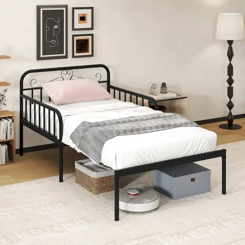 Lit de repos extensible en métal avec rampes sculptées et espace de rangement, blanc/noir