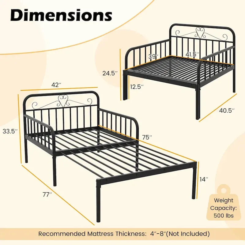Lit de repos extensible en métal avec rampes sculptées et espace de rangement, blanc/noir