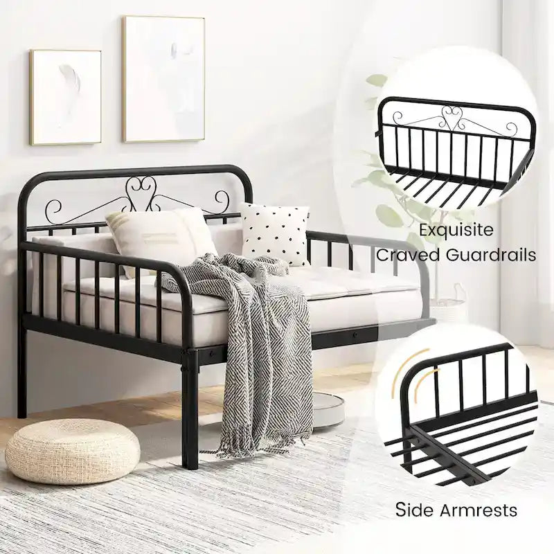 Lit de repos extensible en métal avec rampes sculptées et espace de rangement, blanc/noir