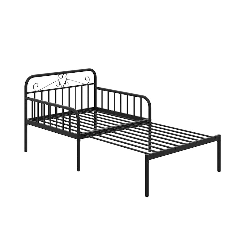Lit de repos extensible en métal avec rampes sculptées et espace de rangement, blanc/noir