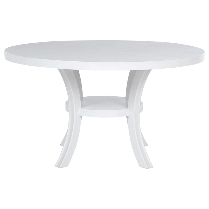 Table à manger ronde avec étagère et pieds évasés, bois blanc