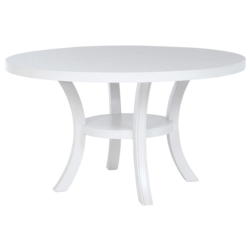 Table à manger ronde avec étagère et pieds évasés, bois blanc