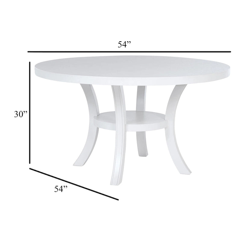 Table à manger ronde avec étagère et pieds évasés, bois blanc