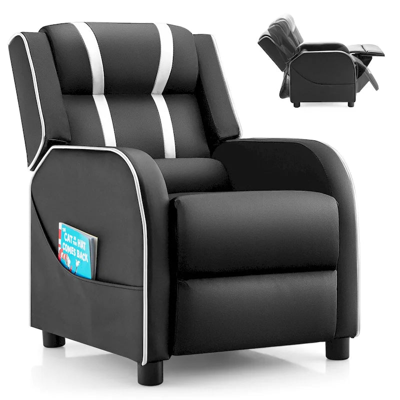 Fauteuil inclinable ergonomique en cuir PU pour enfants avec repose-pieds réglable noir