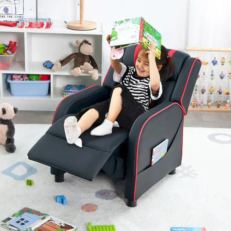 Fauteuil inclinable ergonomique en cuir PU pour enfants avec repose-pieds réglable noir