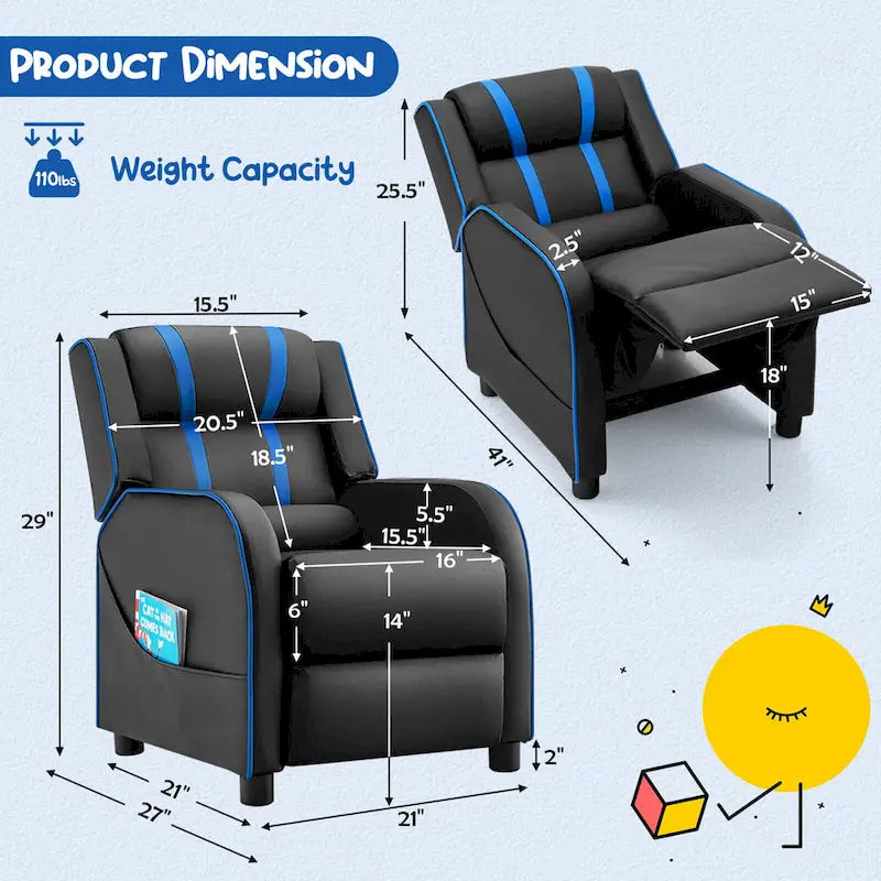 Fauteuil inclinable ergonomique en cuir PU pour enfants avec repose-pieds réglable noir
