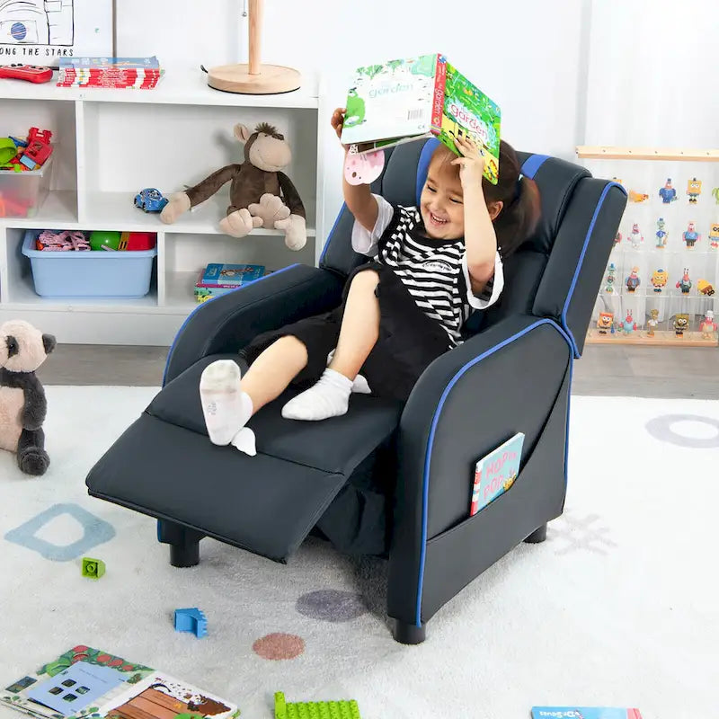 Fauteuil inclinable ergonomique en cuir PU pour enfants avec repose-pieds réglable noir