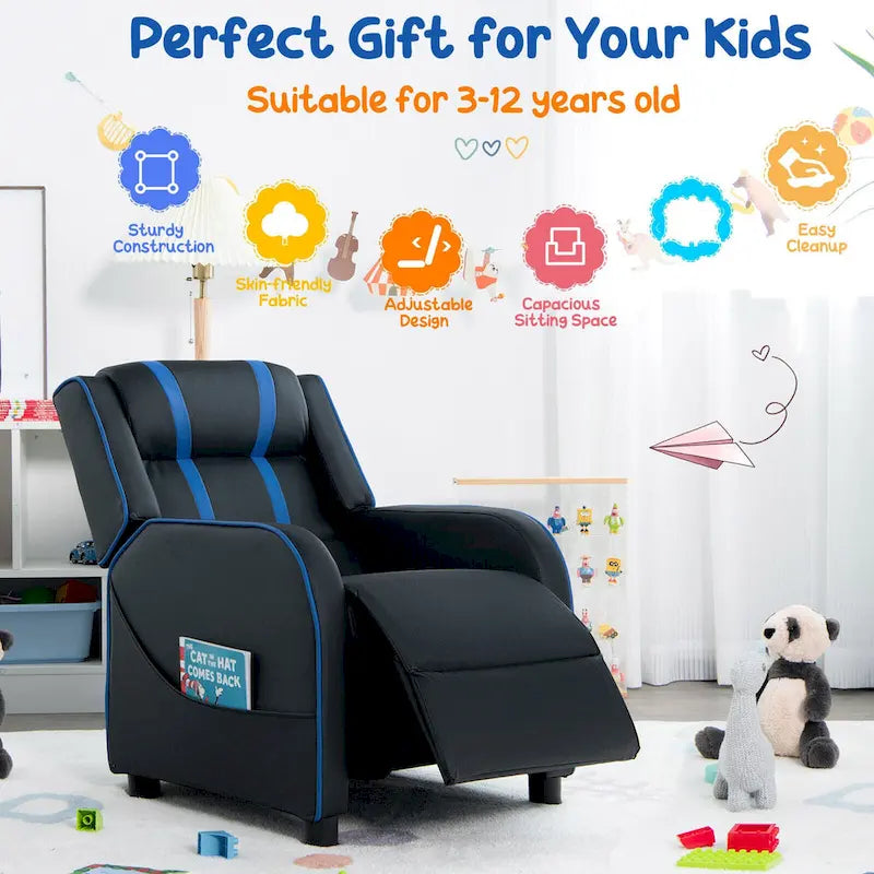 Fauteuil inclinable ergonomique en cuir PU pour enfants avec repose-pieds réglable noir