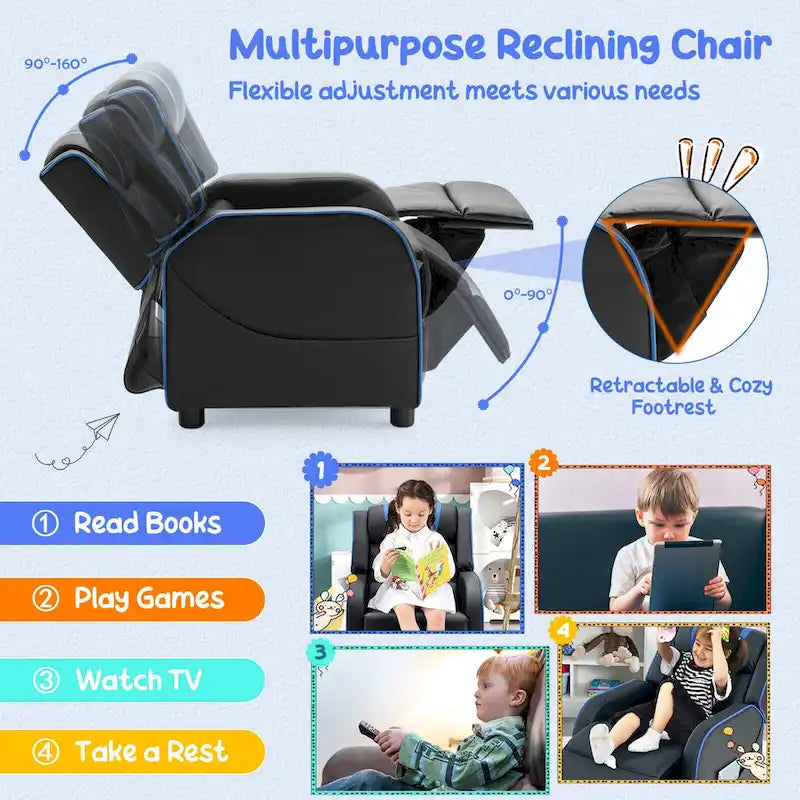 Fauteuil inclinable ergonomique en cuir PU pour enfants avec repose-pieds réglable noir