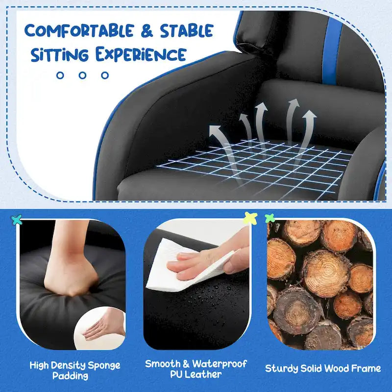 Fauteuil inclinable ergonomique en cuir PU pour enfants avec repose-pieds réglable noir
