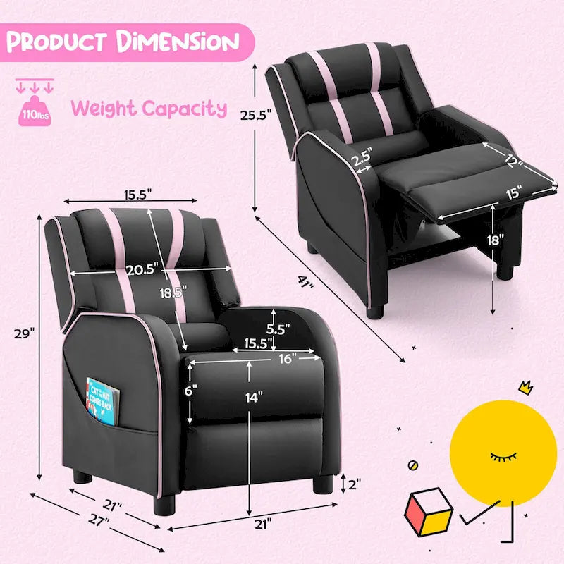 Fauteuil inclinable ergonomique en cuir PU pour enfants avec repose-pieds réglable noir