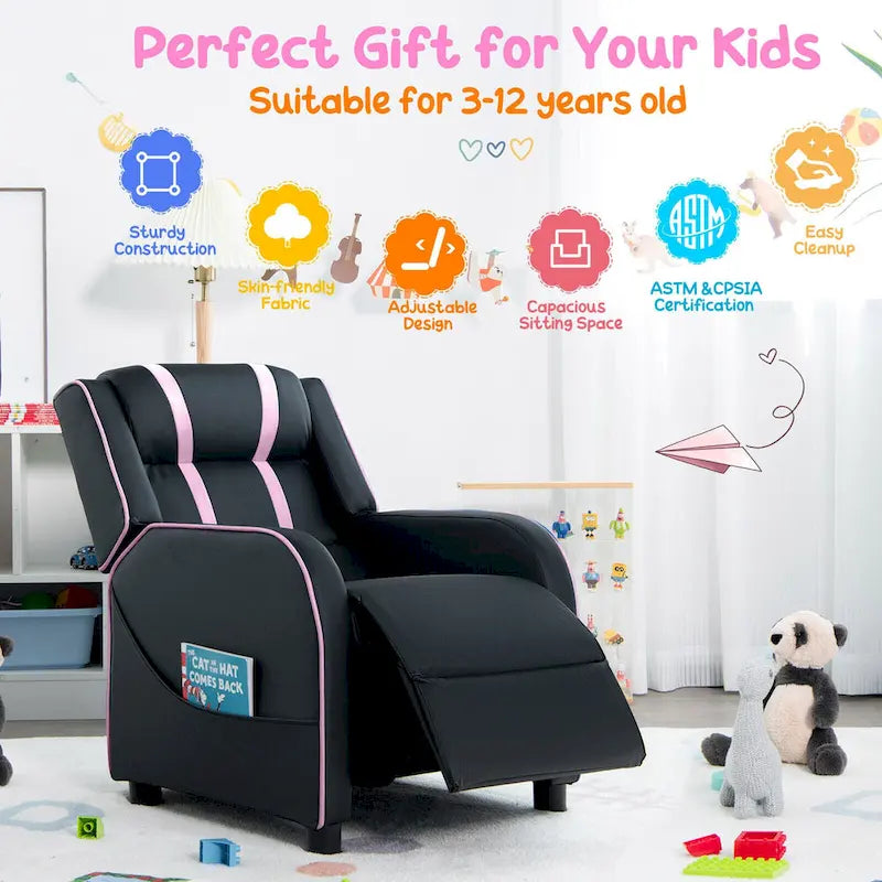 Fauteuil inclinable ergonomique en cuir PU pour enfants avec repose-pieds réglable noir