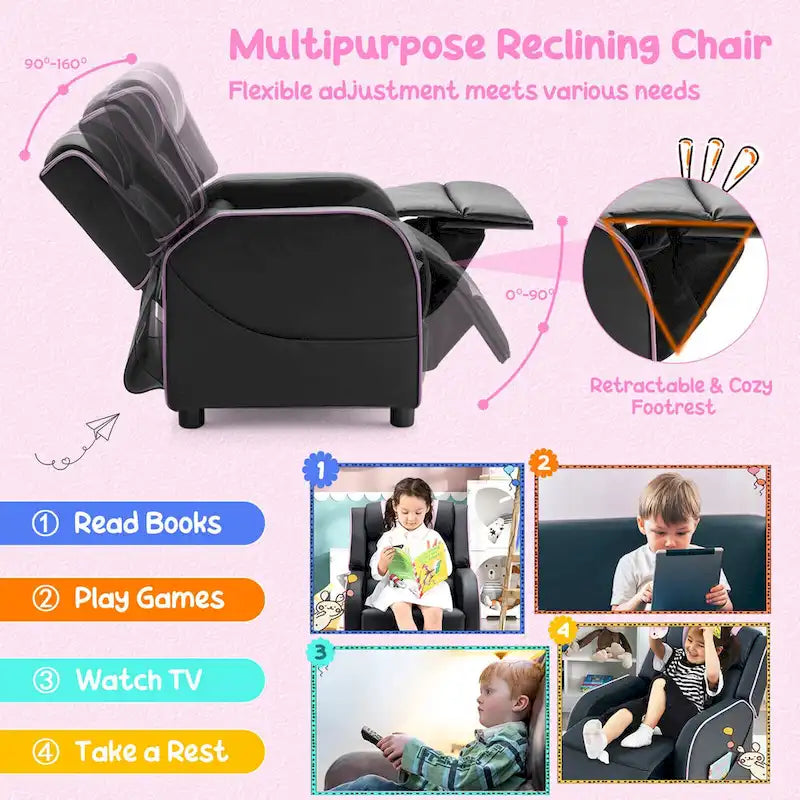 Fauteuil inclinable ergonomique en cuir PU pour enfants avec repose-pieds réglable noir