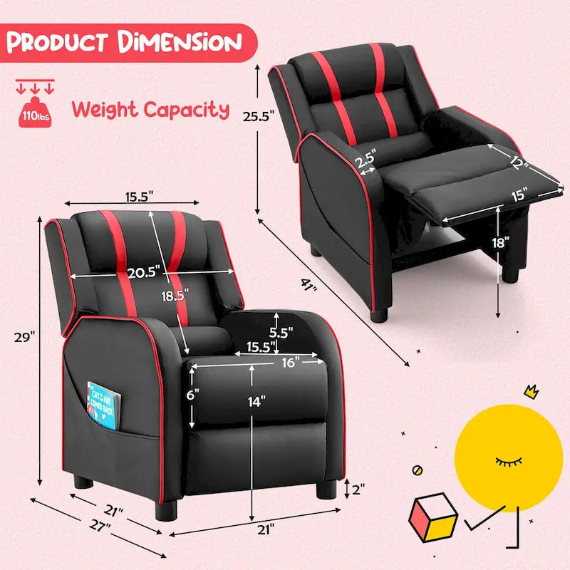 Fauteuil inclinable ergonomique en cuir PU pour enfants avec repose-pieds réglable noir