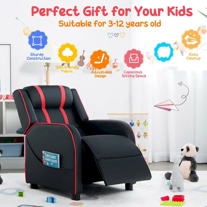 Fauteuil inclinable ergonomique en cuir PU pour enfants avec repose-pieds réglable noir