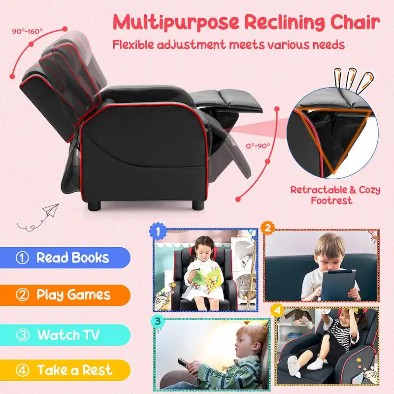Fauteuil inclinable ergonomique en cuir PU pour enfants avec repose-pieds réglable noir