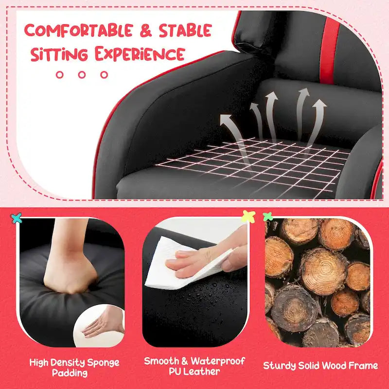 Fauteuil inclinable ergonomique en cuir PU pour enfants avec repose-pieds réglable noir