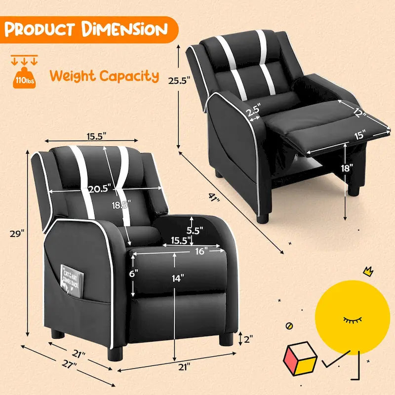Fauteuil inclinable ergonomique en cuir PU pour enfants avec repose-pieds réglable noir