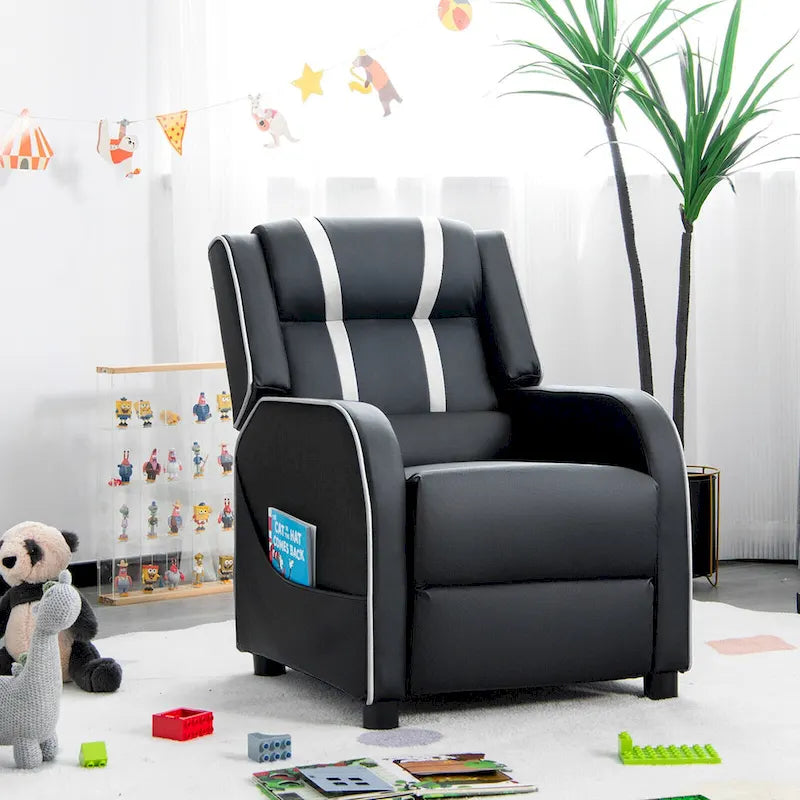 Fauteuil inclinable ergonomique en cuir PU pour enfants avec repose-pieds réglable noir