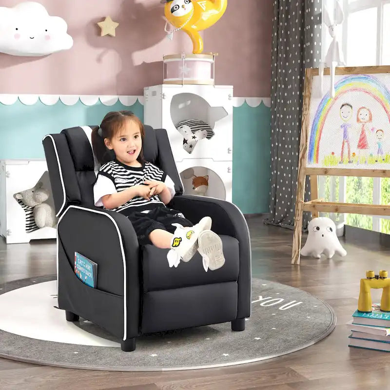 Fauteuil inclinable ergonomique en cuir PU pour enfants avec repose-pieds réglable noir
