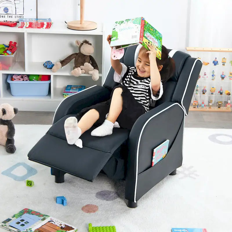 Fauteuil inclinable ergonomique en cuir PU pour enfants avec repose-pieds réglable noir