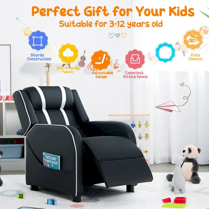Fauteuil inclinable ergonomique en cuir PU pour enfants avec repose-pieds réglable noir