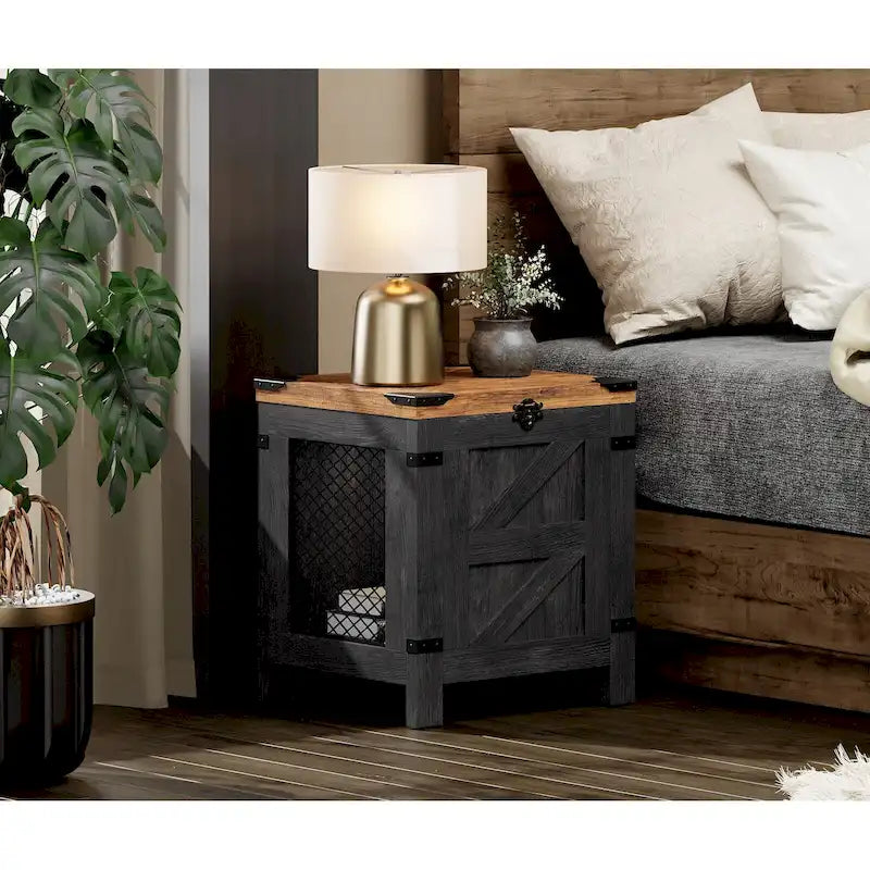 Table d'appoint relevable avec serrure rustique et treillis métallique décoratif