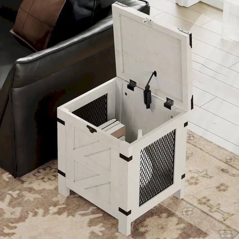 Table d'appoint relevable avec serrure rustique et treillis métallique décoratif