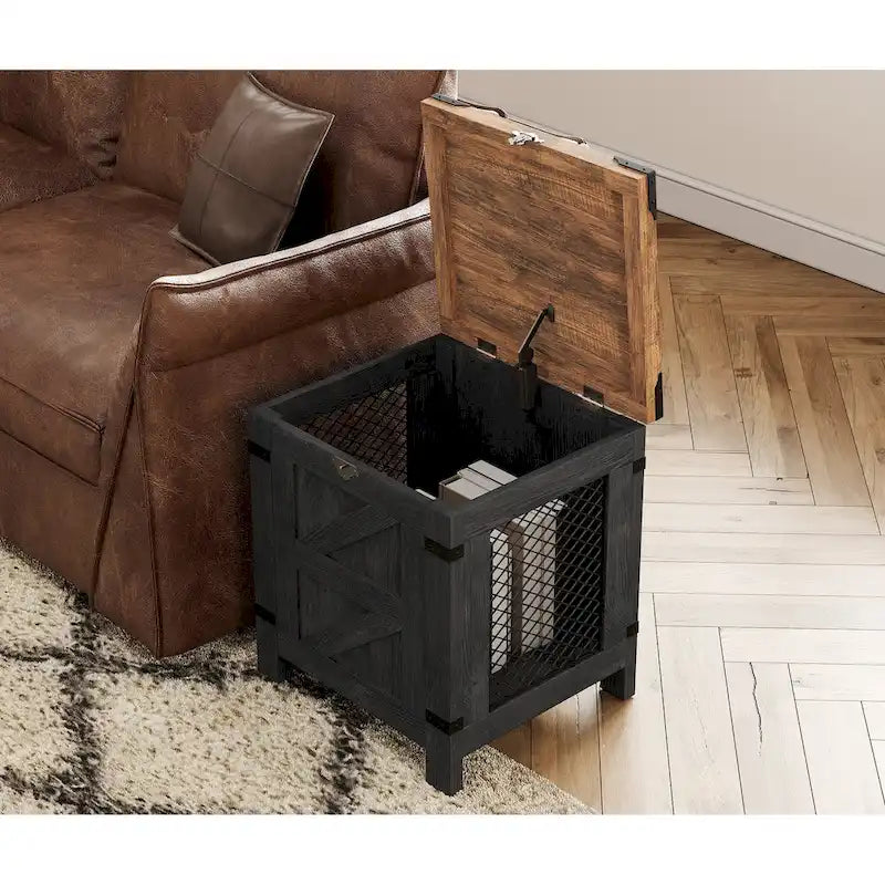 Table d'appoint relevable avec serrure rustique et treillis métallique décoratif