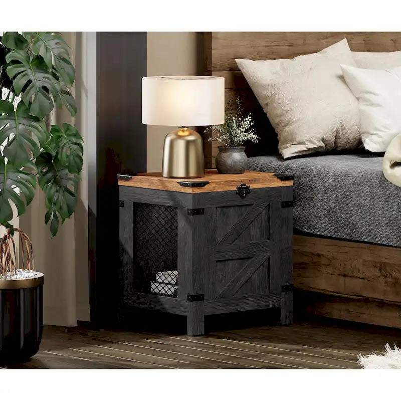Table d'appoint relevable avec serrure rustique et treillis métallique décoratif
