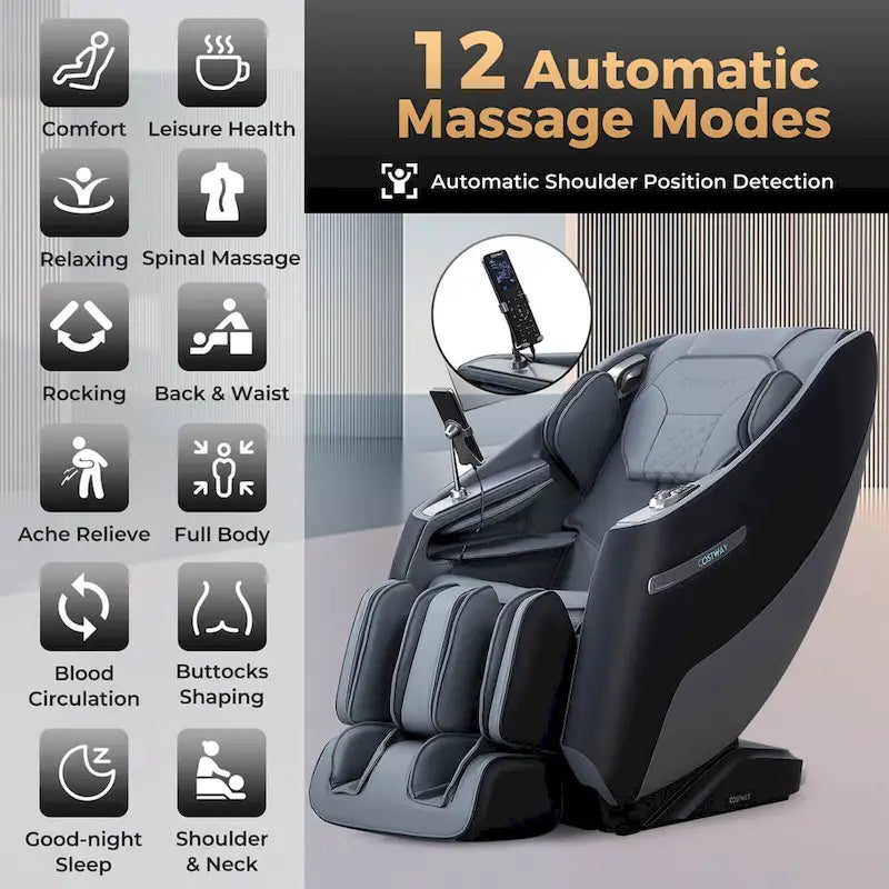 Fauteuil de massage corporel complet Zero Gravity SL Track avec chaleur lombaire, noir et gris