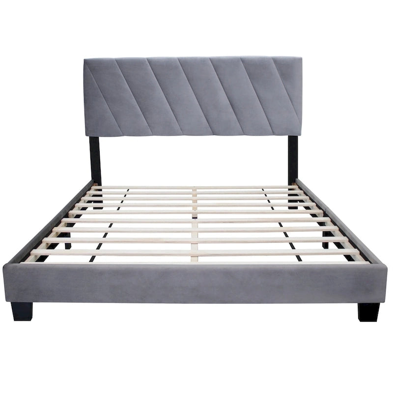 Lit plateforme Queen en velours gris avec tête de lit capitonnée à rainures réglable