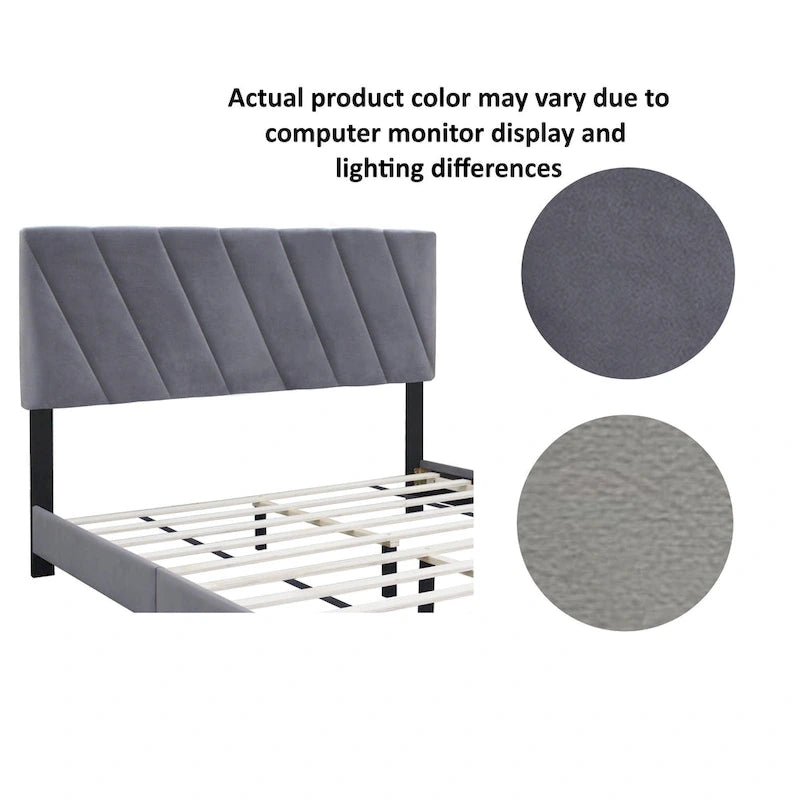 Lit plateforme Queen en velours gris avec tête de lit capitonnée à rainures réglable