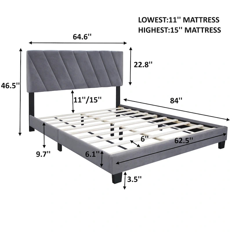 Lit plateforme Queen en velours gris avec tête de lit capitonnée à rainures réglable