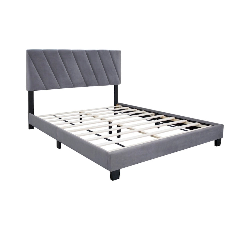 Lit plateforme Queen en velours gris avec tête de lit capitonnée à rainures réglable