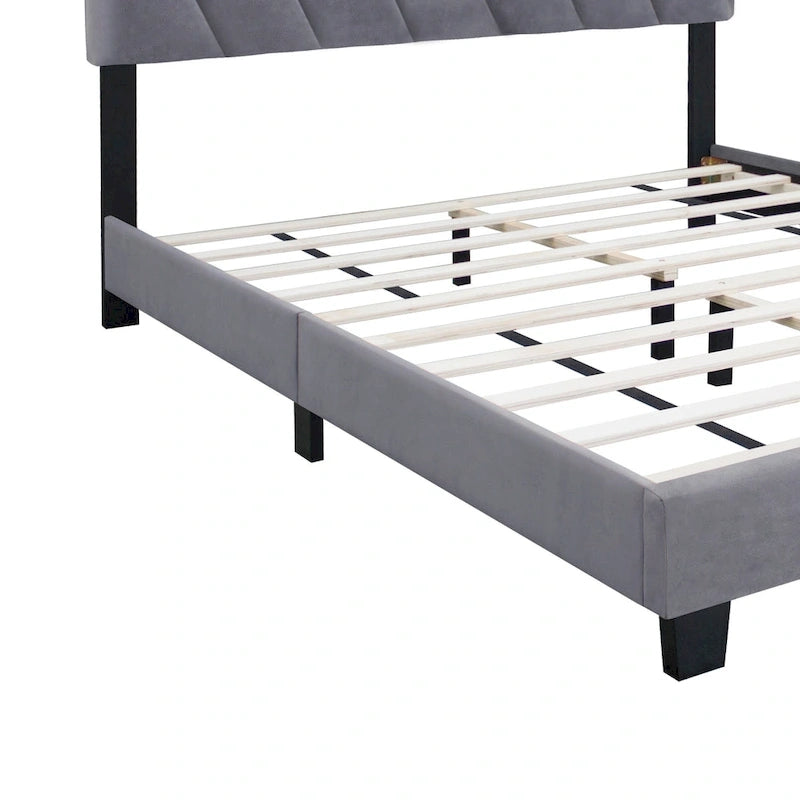 Lit plateforme Queen en velours gris avec tête de lit capitonnée à rainures réglable